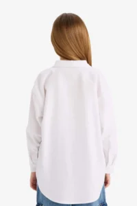 DeFacto Girl's Oversize Wide Fit Poplin Basic Plain Long Sleeve White School Shirt - Image 6