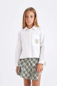 DeFacto Oversize Wide Fit Poplin White Long Sleeve School Shirt for Girls - Image 6