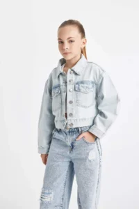 DeFacto School Buttoned Pocket Short Denim Jacket Girls