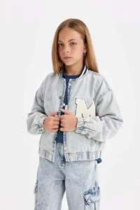 DeFacto Girls' Seasonal Jean Bomber Jacket with Snap Pockets