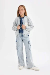 DeFacto Girls' Seasonal Jean Bomber Jacket with Snap Pockets - Image 2