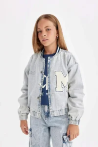 DeFacto Girls' Seasonal Jean Bomber Jacket with Snap Pockets - Image 3