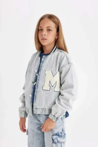 DeFacto Girls' Seasonal Jean Bomber Jacket with Snap Pockets - Image 4