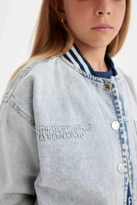 DeFacto Girls' Seasonal Jean Bomber Jacket with Snap Pockets - Image 6