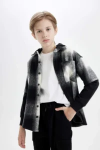 DeFacto Oversize Wide Fit Hooded Flannel Long Sleeve Shirt Boy - Image 4
