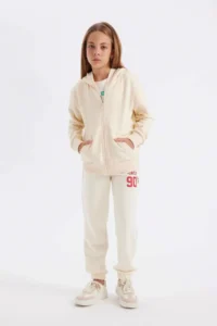DeFacto Girl's Basic Plain Hooded School Cardigan with Zipper Pockets - Image 2