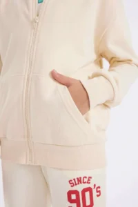 DeFacto Girl's Basic Plain Hooded School Cardigan with Zipper Pockets - Image 3