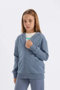 DeFacto Girl's Basic Plain Hooded Pocket Zippered School Cardigan