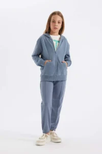 DeFacto Girl's Basic Plain Hooded Pocket Zippered School Cardigan - Image 2