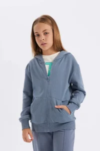 DeFacto Girl's Basic Plain Hooded Pocket Zippered School Cardigan - Image 4