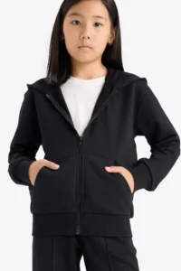 DeFacto Basic Plain Hooded School Zipper Sweatshirt Girl
