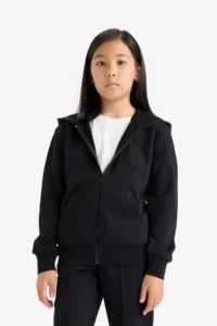 DeFacto Basic Plain Hooded School Zipper Sweatshirt Girl - Image 3