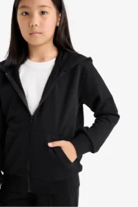 DeFacto Basic Plain Hooded School Zipper Sweatshirt Girl - Image 4