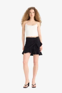 DeFacto Normal Waist Basic Plain Linen Look Flounced Mini Skirt