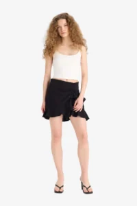 DeFacto Normal Waist Basic Plain Linen Look Flounced Mini Skirt - Image 2