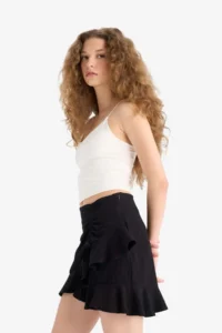 DeFacto Normal Waist Basic Plain Linen Look Flounced Mini Skirt - Image 3