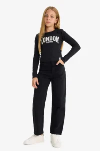 DeFacto Straight Fit Wide Leg Pocket Cotton School Trousers Girls