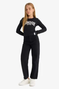 DeFacto Straight Fit Wide Leg Pocket Cotton School Trousers Girls - Image 2