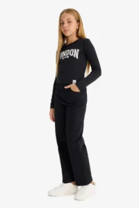 DeFacto Straight Fit Wide Leg Pocket Cotton School Trousers Girls - Image 3