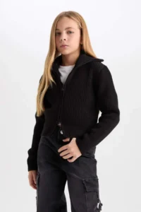 DeFacto Basic Plain Stand Collar Zippered Black Knitwear Cardigan Girl