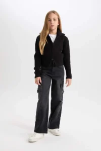 DeFacto Basic Plain Stand Collar Zippered Black Knitwear Cardigan Girl - Image 2