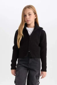 DeFacto Basic Plain Stand Collar Zippered Black Knitwear Cardigan Girl - Image 3