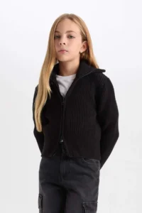 DeFacto Basic Plain Stand Collar Zippered Black Knitwear Cardigan Girl - Image 4