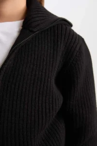 DeFacto Basic Plain Stand Collar Zippered Black Knitwear Cardigan Girl - Image 5