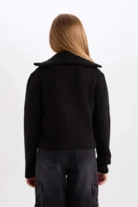 DeFacto Basic Plain Stand Collar Zippered Black Knitwear Cardigan Girl - Image 6