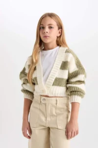 DeFacto V-Neck Striped Buttoned Knitwear Cardigan Girl - Image 3