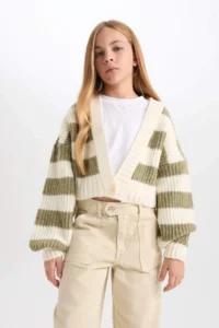 DeFacto V-Neck Striped Buttoned Knitwear Cardigan Girl - Image 4