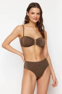 TRENDYOLMİLLA Brown Simli with accessories Strapless Covered Regular High Waist Bikini Set