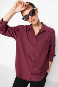 TRENDYOLMİLLA Dark Burgundy Single with pocket Boyfriend/Wide Pattern Cotton Weaving Shirt - Image 3