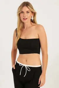 Cool & Sexy Women Black-White One Shoulder 2 Sets Crop Blouse - Image 3