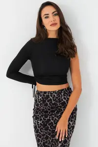 Cool & Sexy Women Black Drawstrable Single Arm Blouse - Image 4