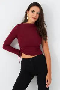 Cool & Sexy Women Burgundy Drawstrable Single Arm Blouse - Image 4