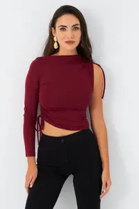 Cool & Sexy Women Burgundy Drawstrable Single Arm Blouse - Image 5