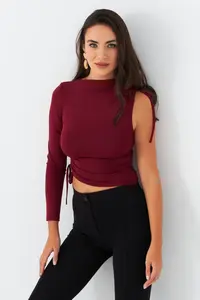 Cool & Sexy Women Burgundy Drawstrable Single Arm Blouse - Image 6