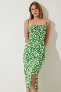 Happiness İstanbul BRAV Women's Green Floral Slit Summer Knitted Dress CI00029