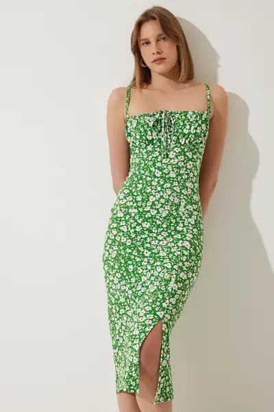 Happiness İstanbul BRAV Women's Green Floral Slit Summer Knitted Dress CI00029