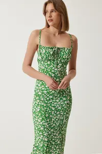 Happiness İstanbul BRAV Women's Green Floral Slit Summer Knitted Dress CI00029 - Image 2