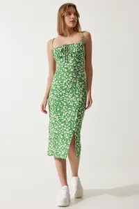 Happiness İstanbul BRAV Women's Green Floral Slit Summer Knitted Dress CI00029 - Image 3