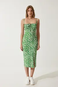 Happiness İstanbul BRAV Women's Green Floral Slit Summer Knitted Dress CI00029 - Image 4
