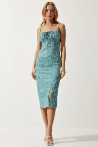 Happiness İstanbul Women's Water Green and White Floral Slit Summer Knitted Dress CI00029