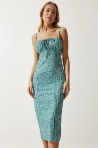 Happiness İstanbul Women's Water Green and White Floral Slit Summer Knitted Dress CI00029 - Image 2