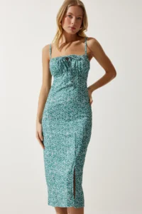 Happiness İstanbul Women's Water Green and White Floral Slit Summer Knitted Dress CI00029 - Image 3