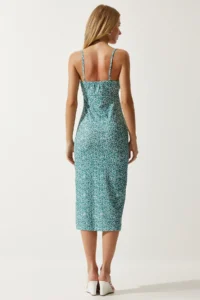 Happiness İstanbul Women's Water Green and White Floral Slit Summer Knitted Dress CI00029 - Image 5