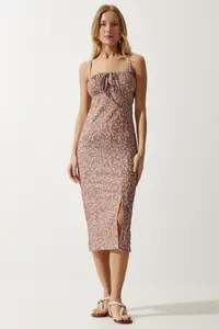 Happiness İstanbul Women's Vivid Mink Floral Slit Summer Knitted Dress CI00029 - Image 2