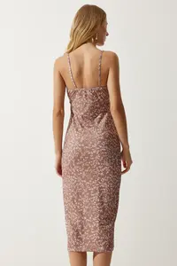 Happiness İstanbul Women's Vivid Mink Floral Slit Summer Knitted Dress CI00029 - Image 4