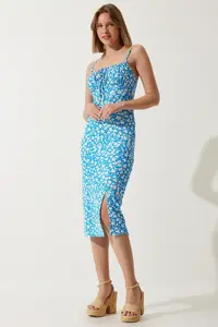 Happiness İstanbul Women's Blue Floral Slit Summer Knitted Dress CI00029